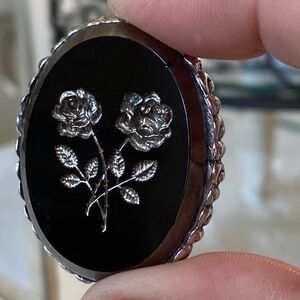 Vintage Silver Toned Metal w/Etched Roses on Black Glass. Very decorative edges